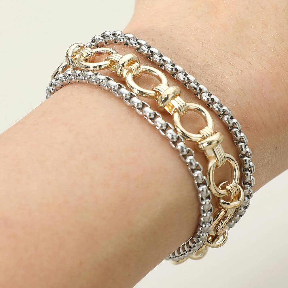 14K Gold Plated Two Tone Mixed Chain Layered Magnetic Bracelet