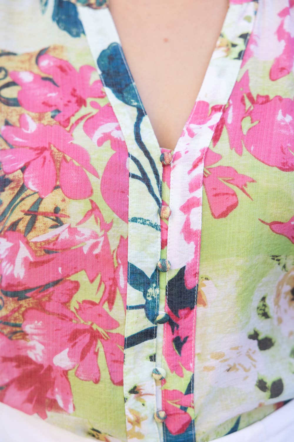 Green Floral Button Down Short Puff Sleeve Top