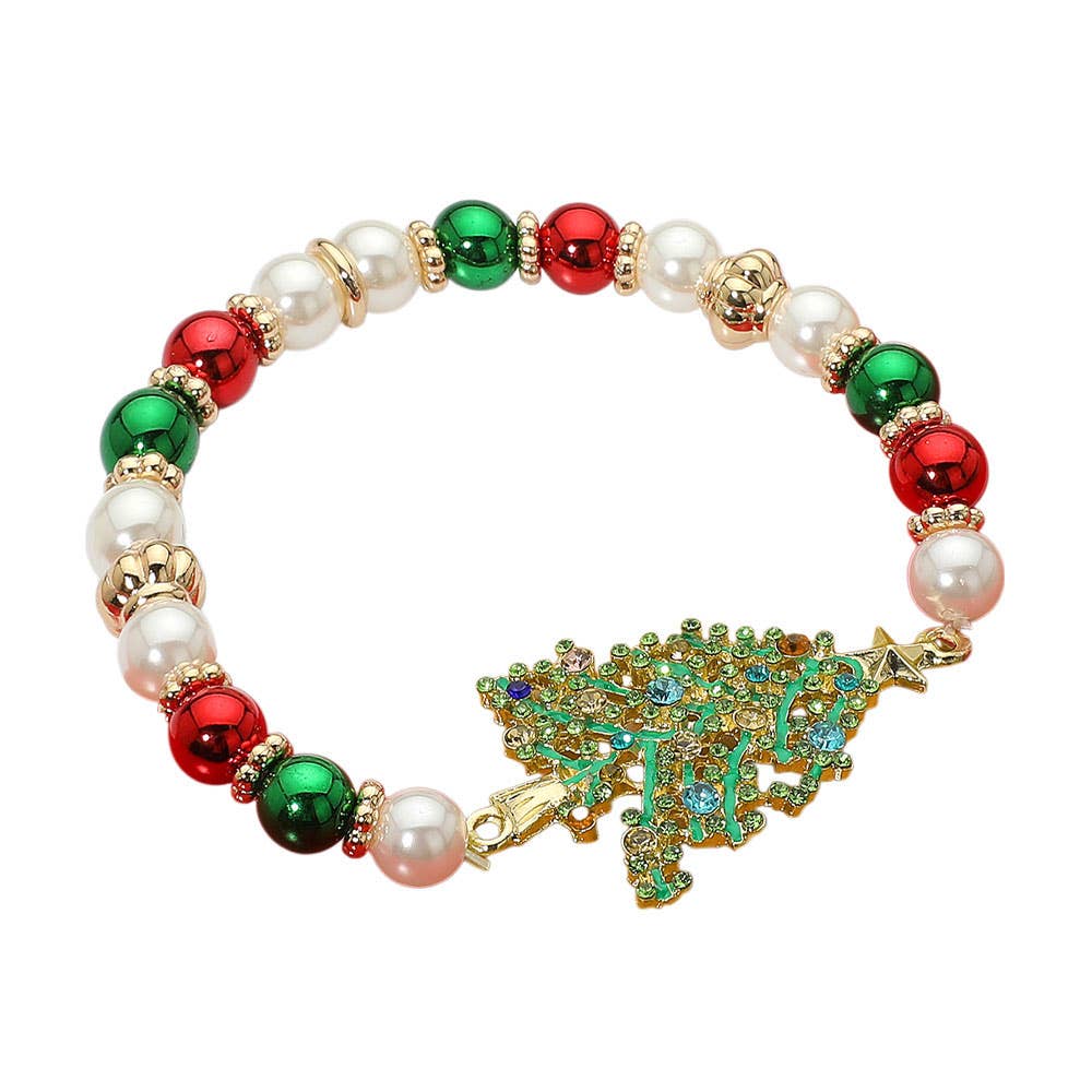 Stone Paved Christmas Tree Charm Holiday Pearl Beaded Stretch Bracelet