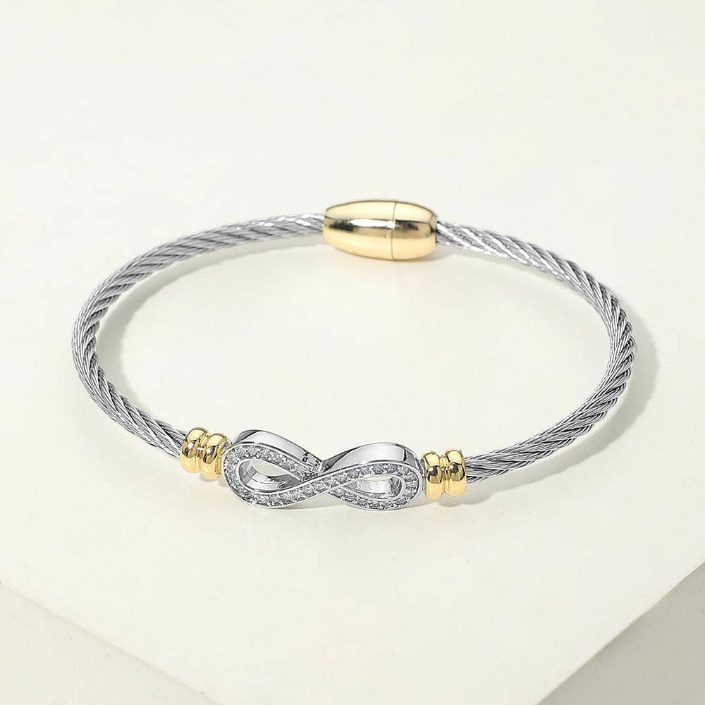 14K Gold Plated Two Tone CZ Pave Infinity Accent Twisted Cable Magnetic Bracelet