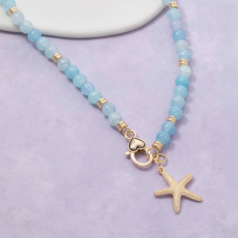 Blue Starfish Charm And Heart Clasp Glass Beaded Necklace