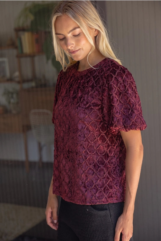Trellis Trimmed Crushed Velvet Bubble Sleeve Top