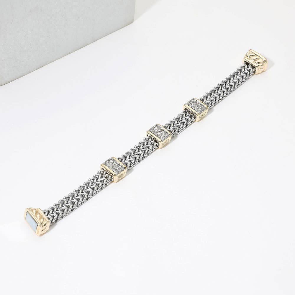 14K Gold Plated Two Tone CZ Pave Bar Accent Woven Band Magnetic Bracelet