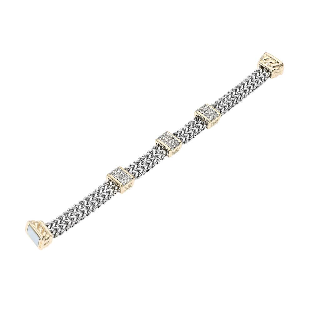 14K Gold Plated Two Tone CZ Pave Bar Accent Woven Band Magnetic Bracelet