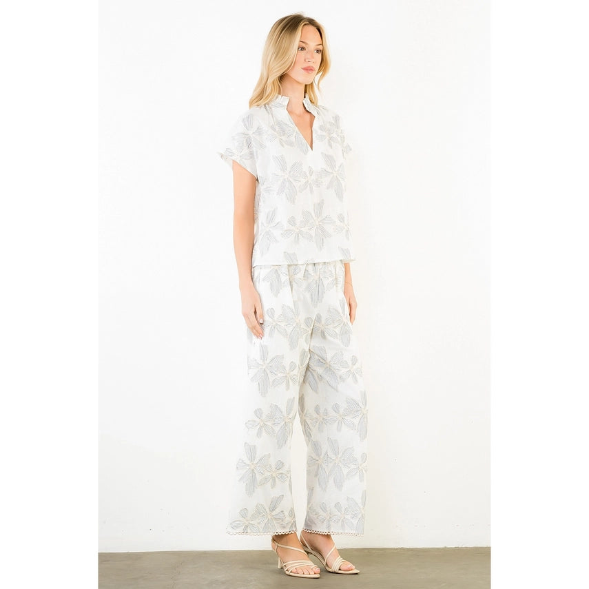 Cream Embroidery Floral Pants Set
