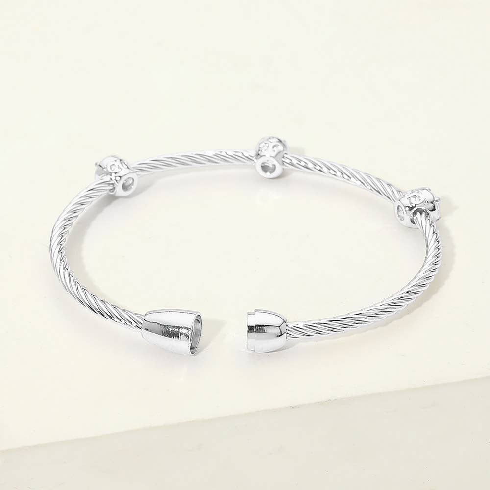 14K Gold Plated Triple CZ Bezel Accent Twisted Cable Magnetic Bangle Bracelet
