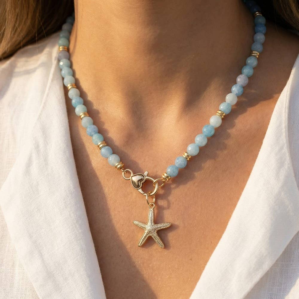 Blue Starfish Charm And Heart Clasp Glass Beaded Necklace