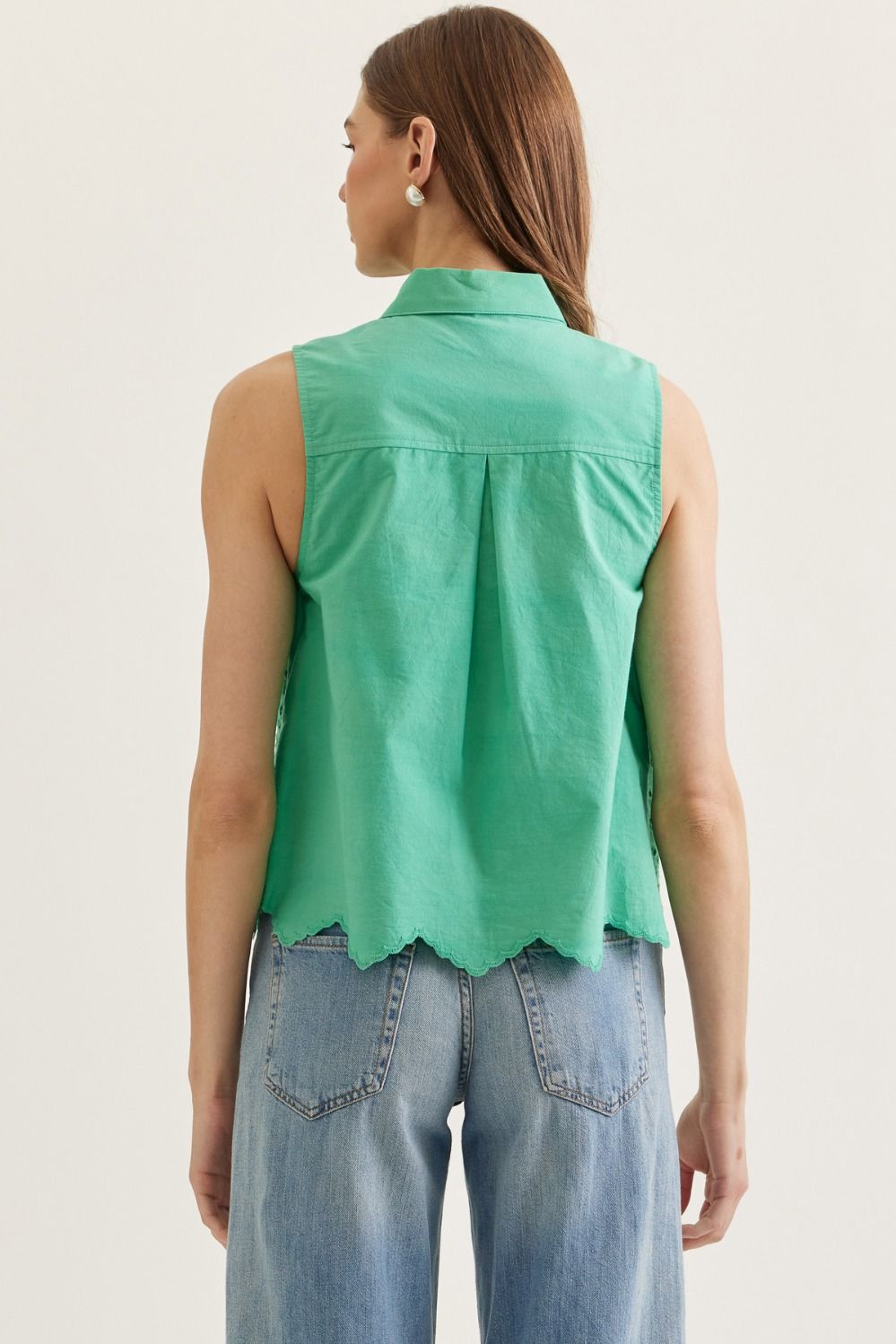 Green Eyelet Tie Collar Top