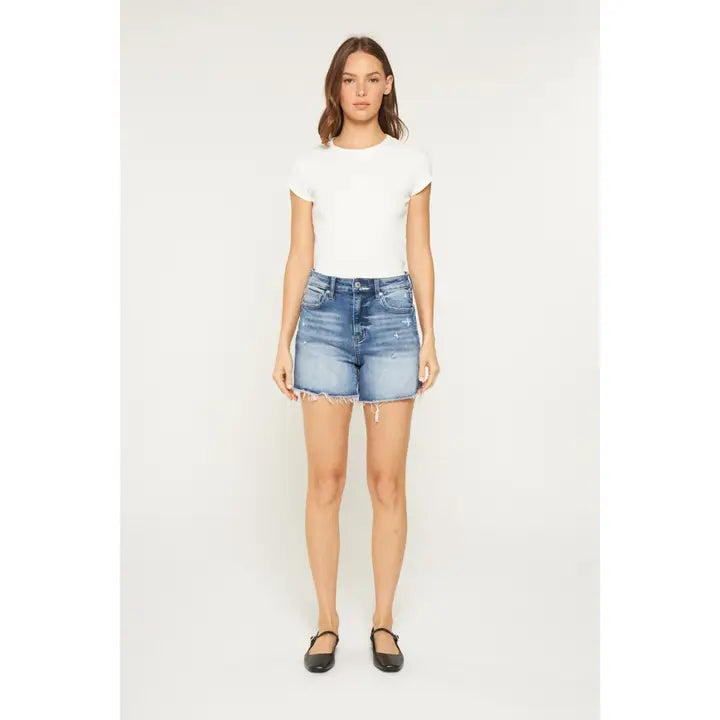 Super High Raw Hem Mid Length Shorts - Midday Blue