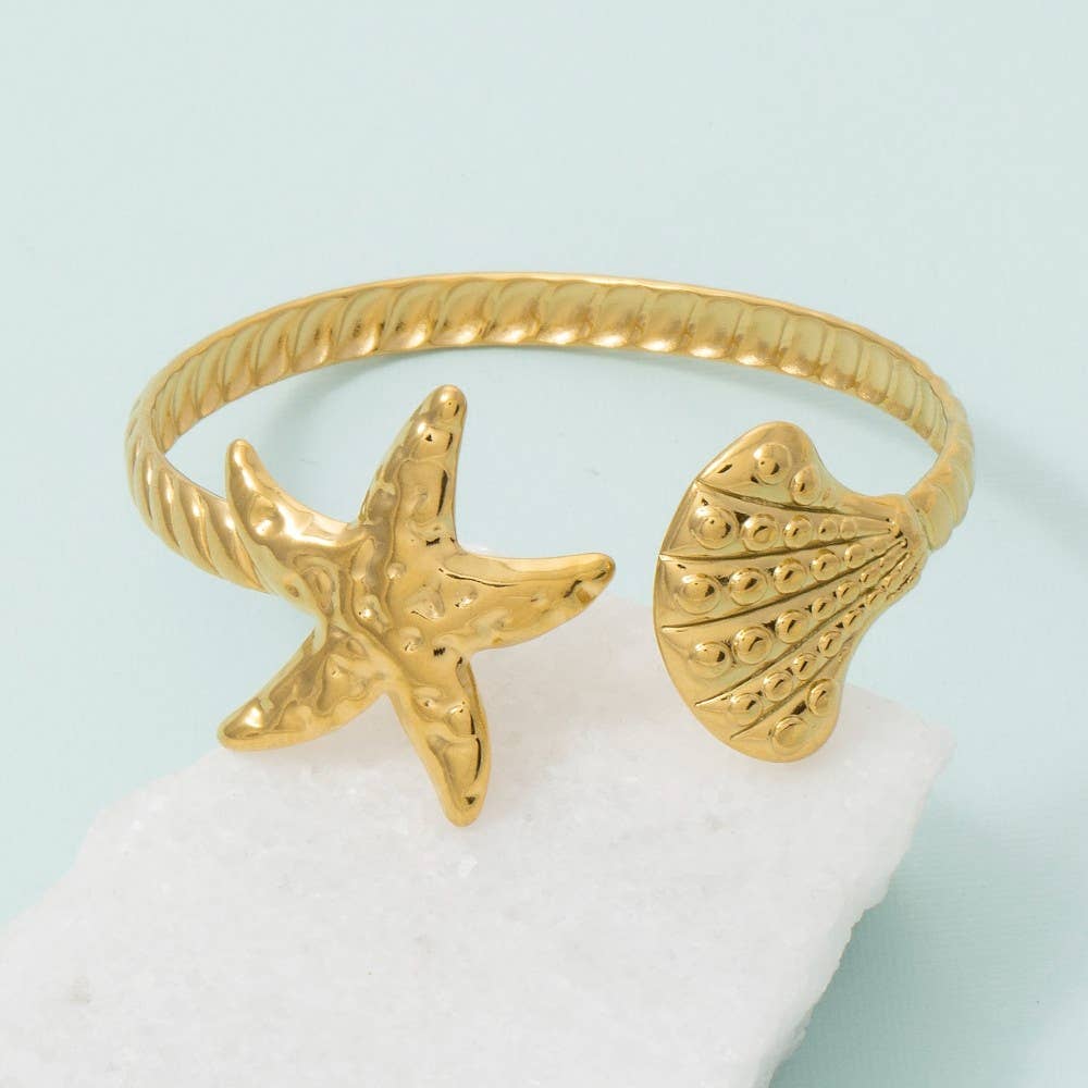 Starfish Sea Shell Open Cuff Bracelet