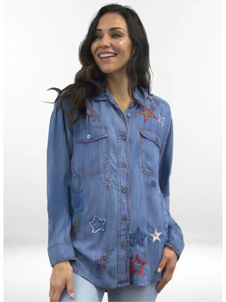 Emma Shirt Denim Embroidered Star Button Front Top