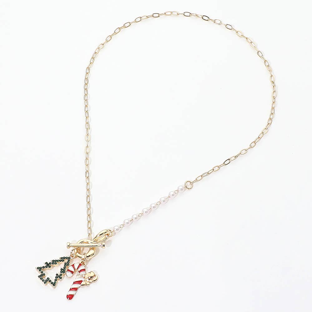 Secret Box Genuine Gold Dipped Christmas Tree Candy Cane Charm Pearl Paperclip Chain Toggle Necklace