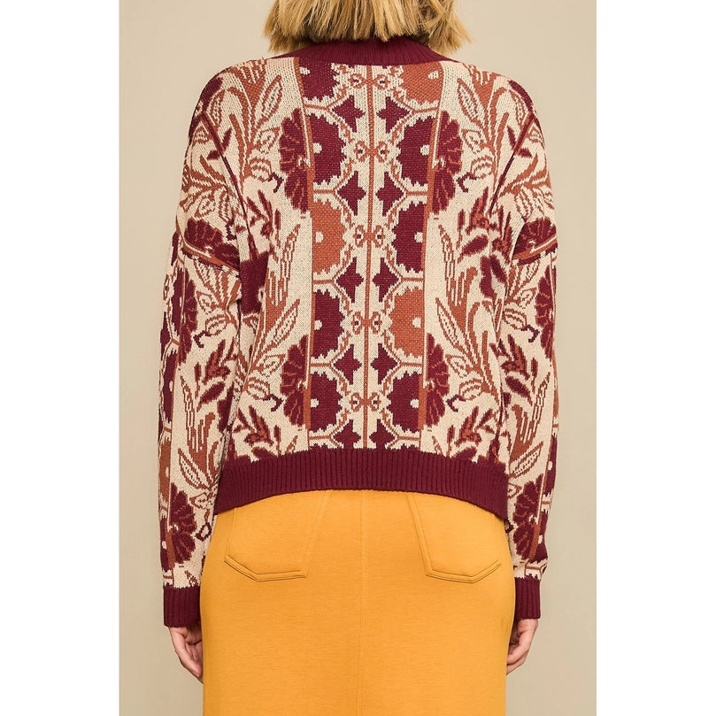 Wine Floral Tapestry Motif Knit Sweater