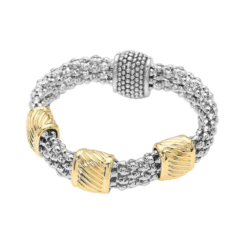 14K Gold Plated Two Tone Sculpted Accent Textured Band Magnetic Bracelet