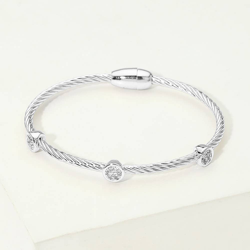 14K Gold Plated Round CZ Bezel Around Twisted Magnetic Bangle Bracelet