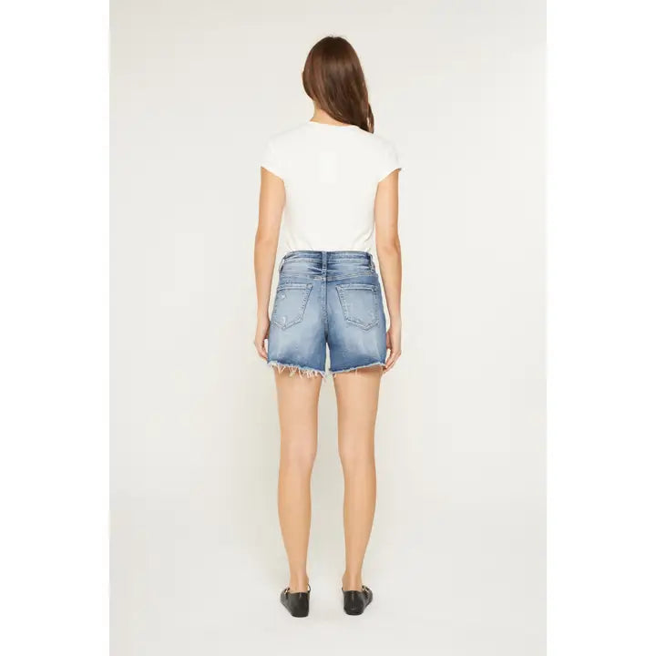 Super High Raw Hem Mid Length Shorts - Midday Blue