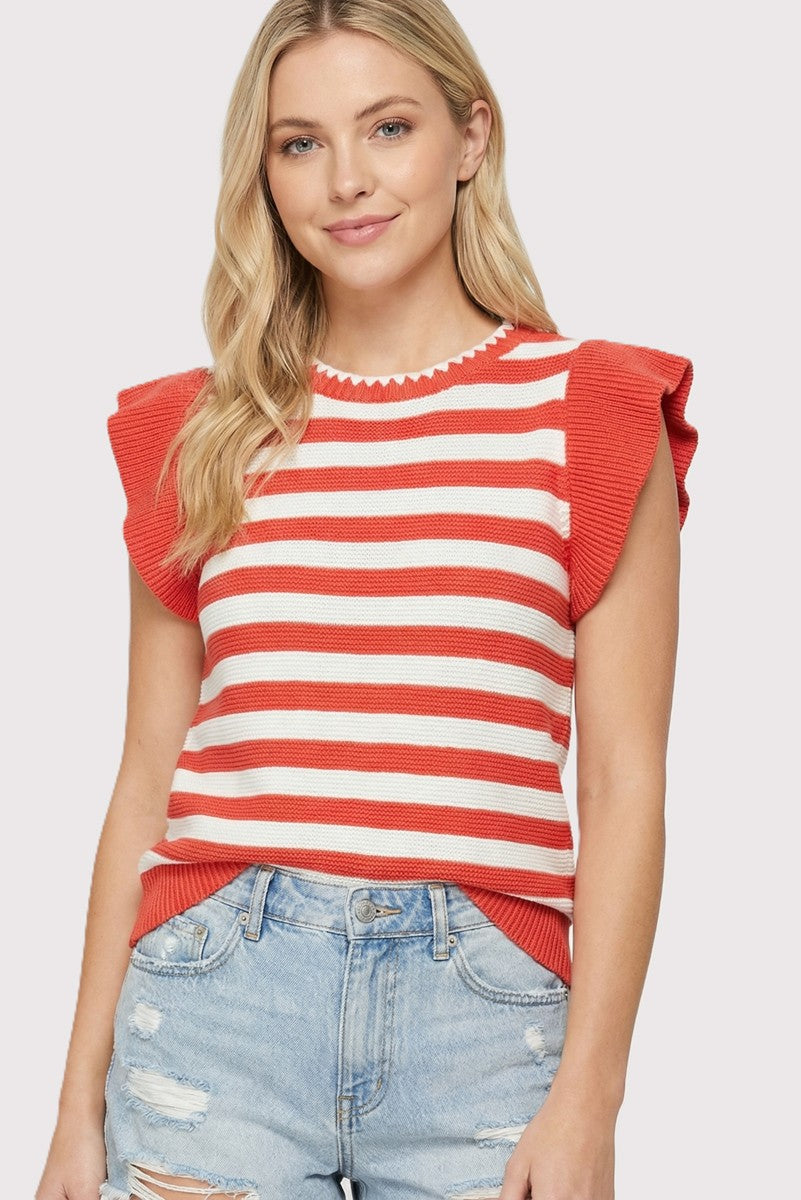 Orange Stripe Sleeveless Ruffle Sweater