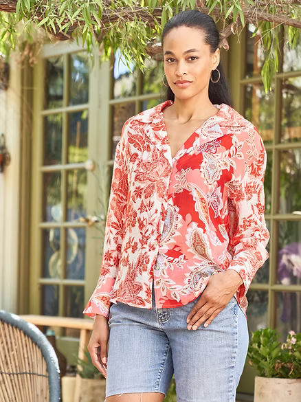 Red Print Mix Voile Button Front Top