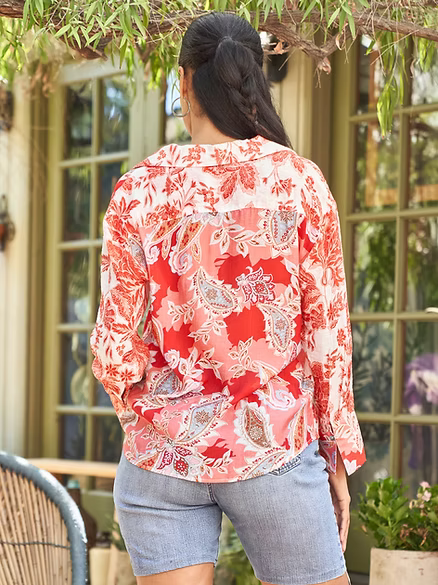 Red Print Mix Voile Button Front Top