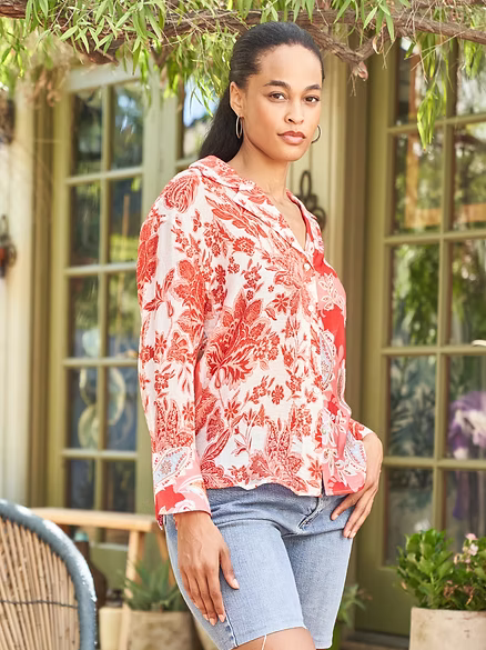 Red Print Mix Voile Button Front Top