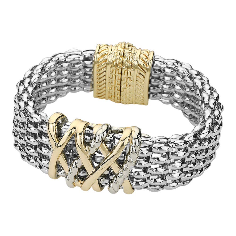 14K Gold Plated Two Tone Crisscross Mesh Magnetic Bracelet