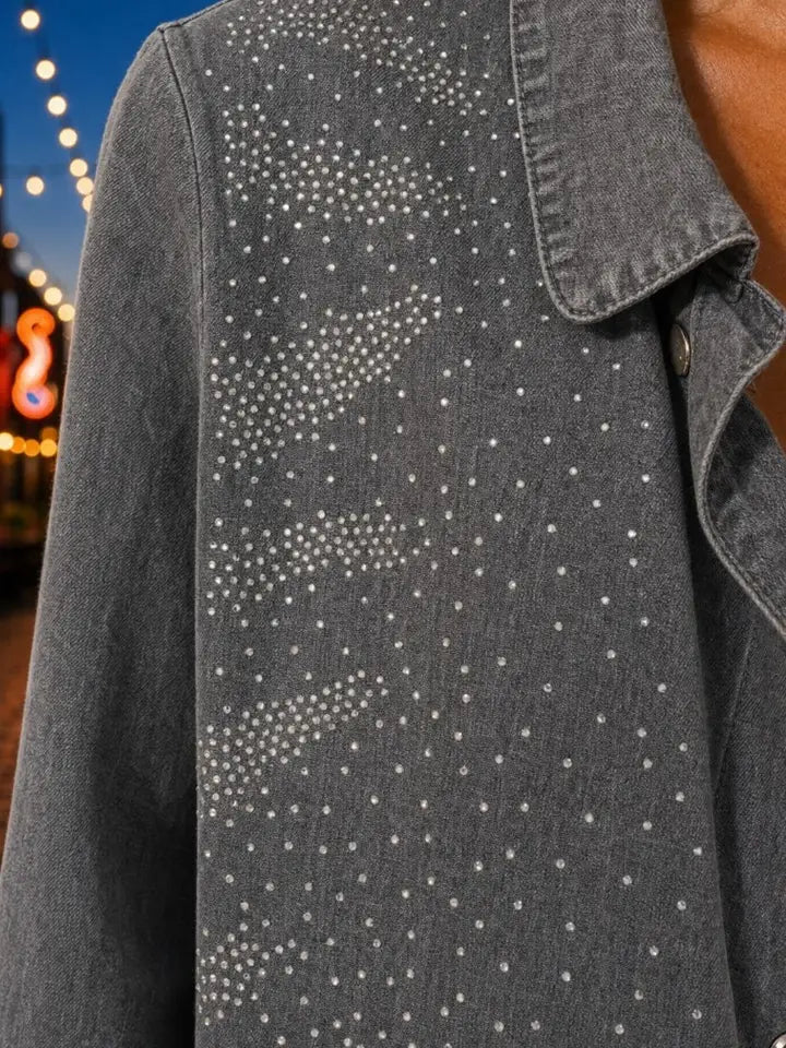 Tencel Rhinestone Ruffle Hem Denim Color Shirt Jacket