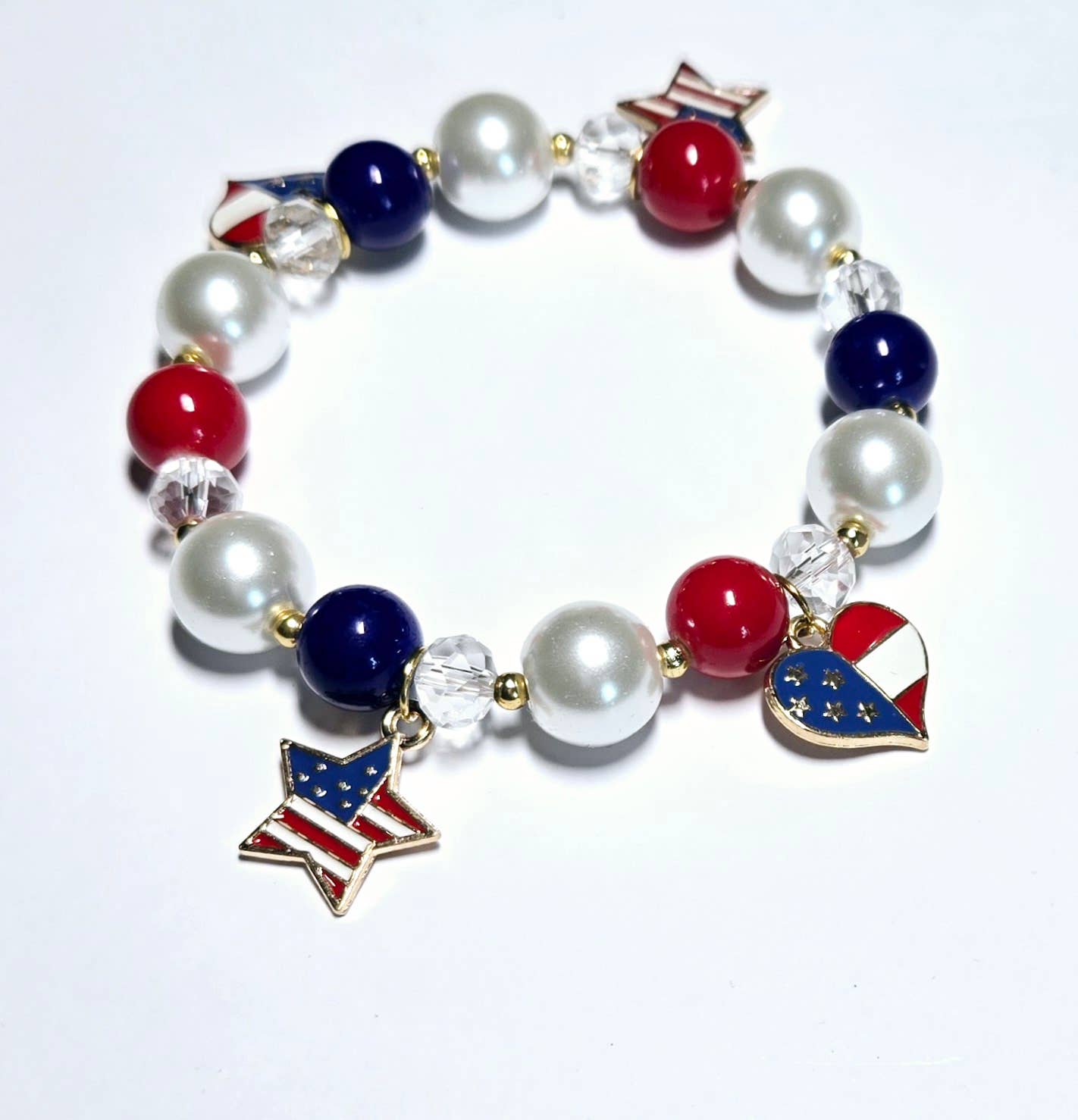 July 4th RWB Charms Beaded Stretch Bracelet
