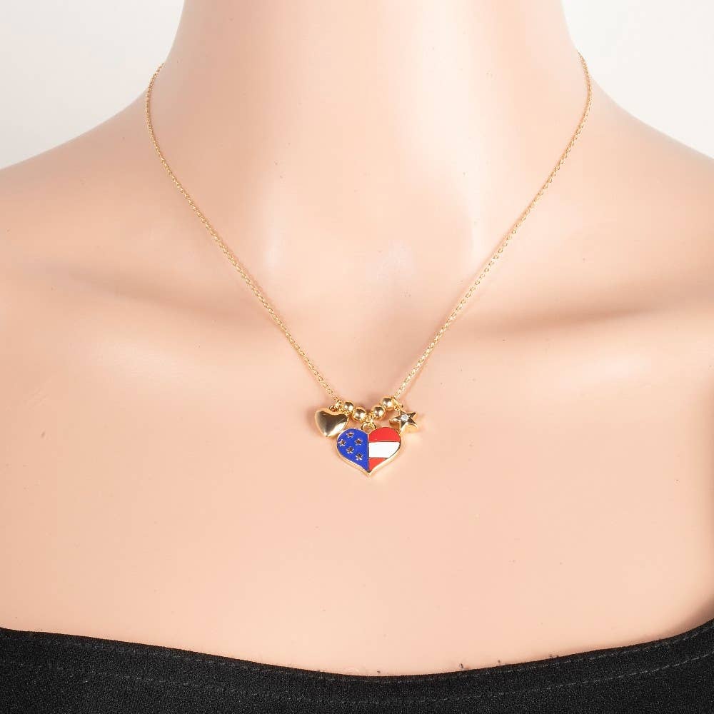 Cz Stud Star And Enamel Usa Heart Charms Chain Necklace