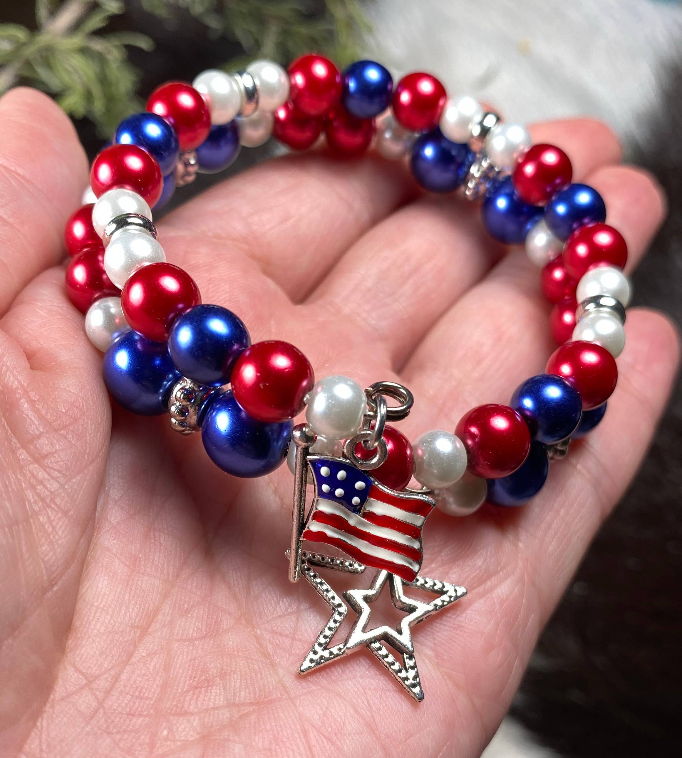 American Bangle Patriotic Flag Star Charm Coil Bracelet