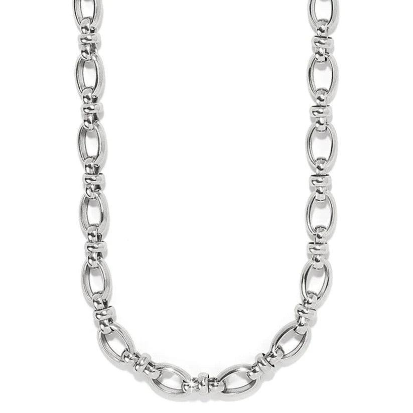 A polished silver-toned metal chain necklace with elongated oval links and smaller connecting beads, shown against a plain white background.