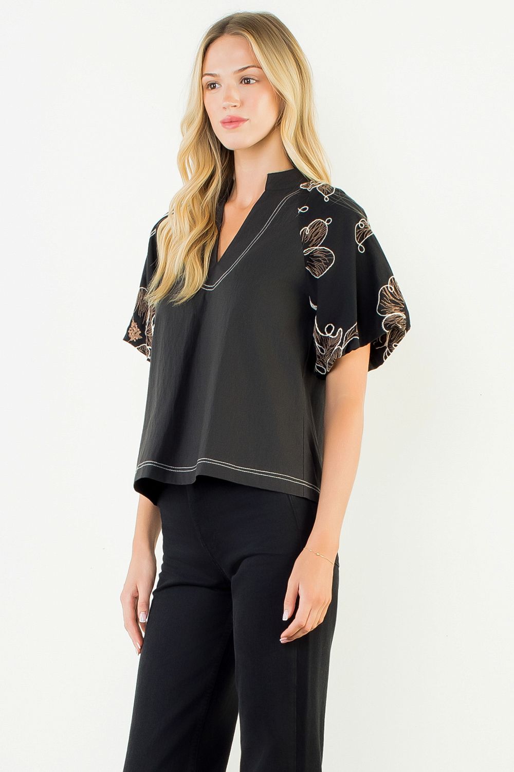 Black Puff Sleeve With Embroidery Detail Top