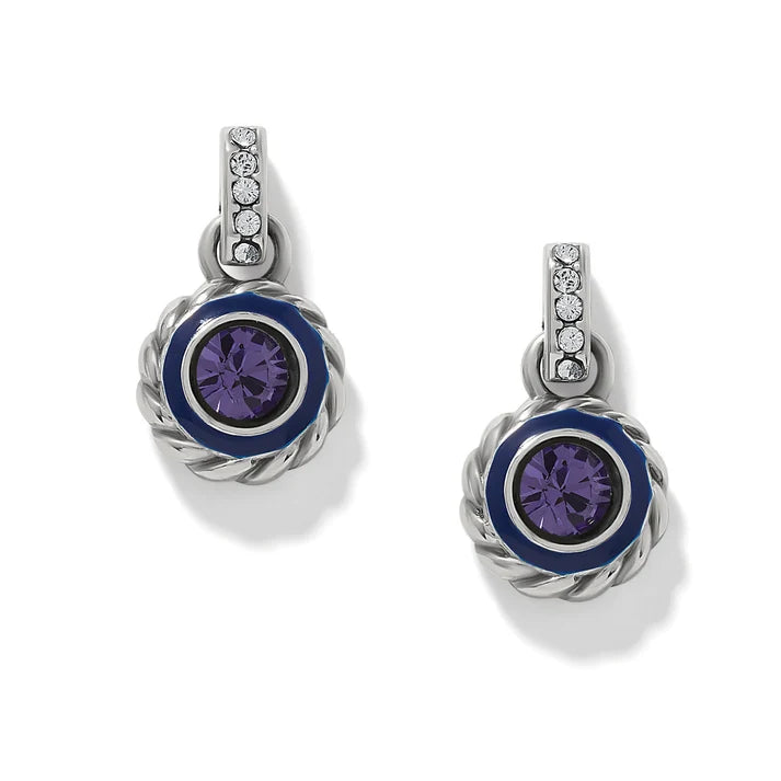 Brighton Halo Gemma petite round post drop earrings in silver with blue enamel
