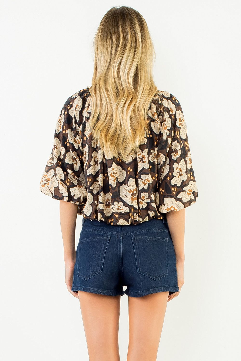 Brown floral print top with a cinched waist, additional view