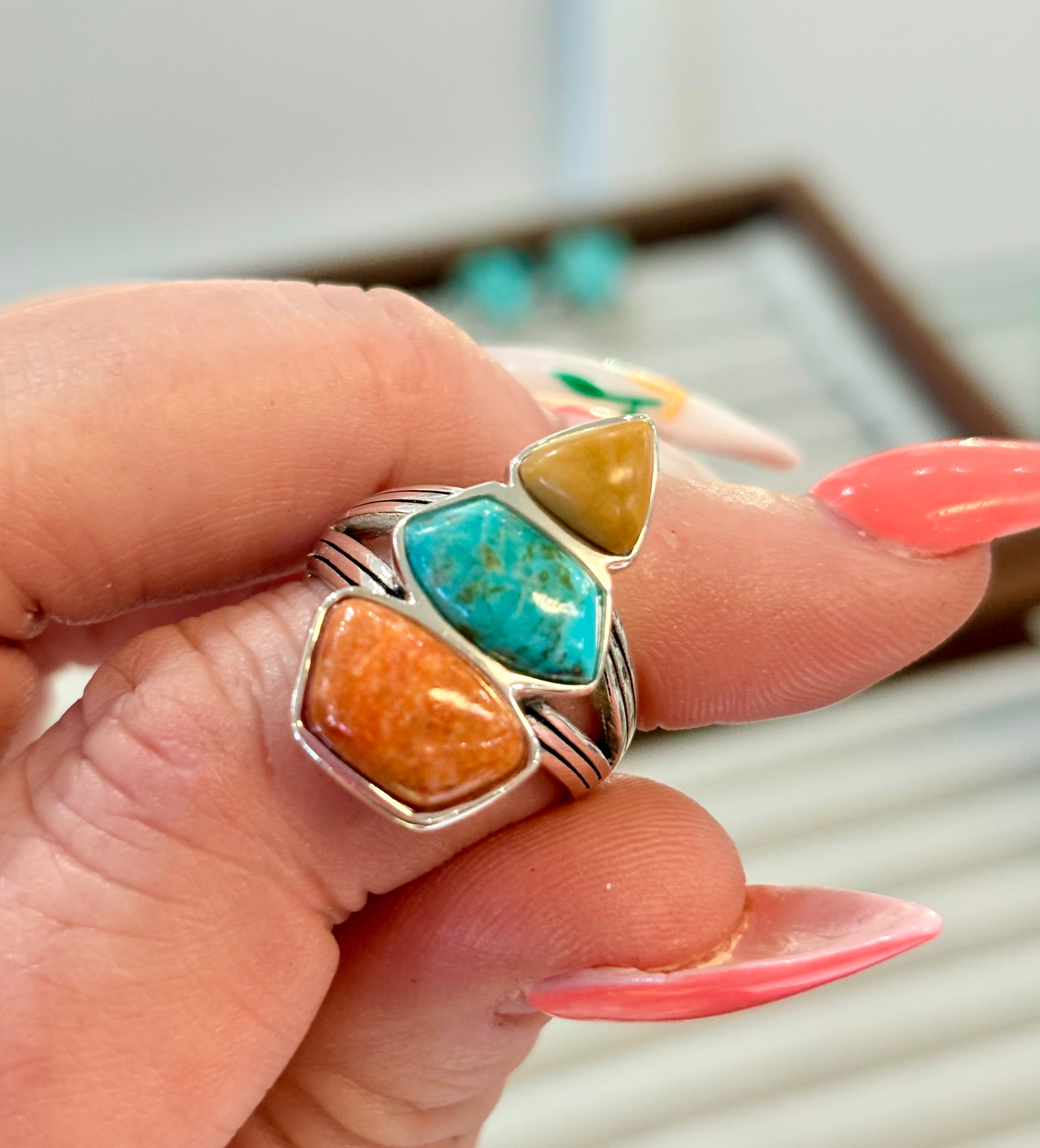 Jasper/Coral/Turquoise Elongated Ring