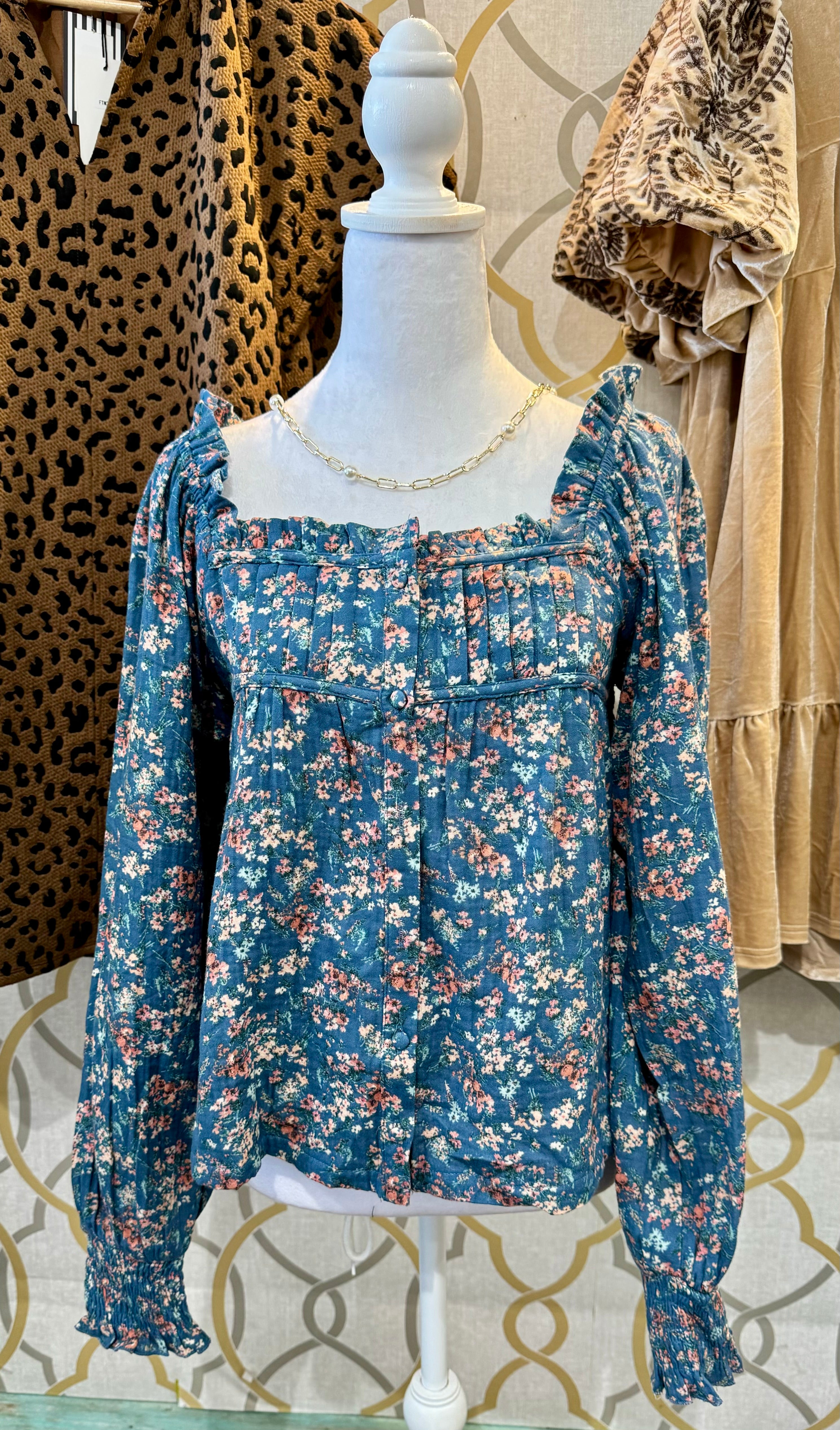 Turquoise Floral Peasant Top