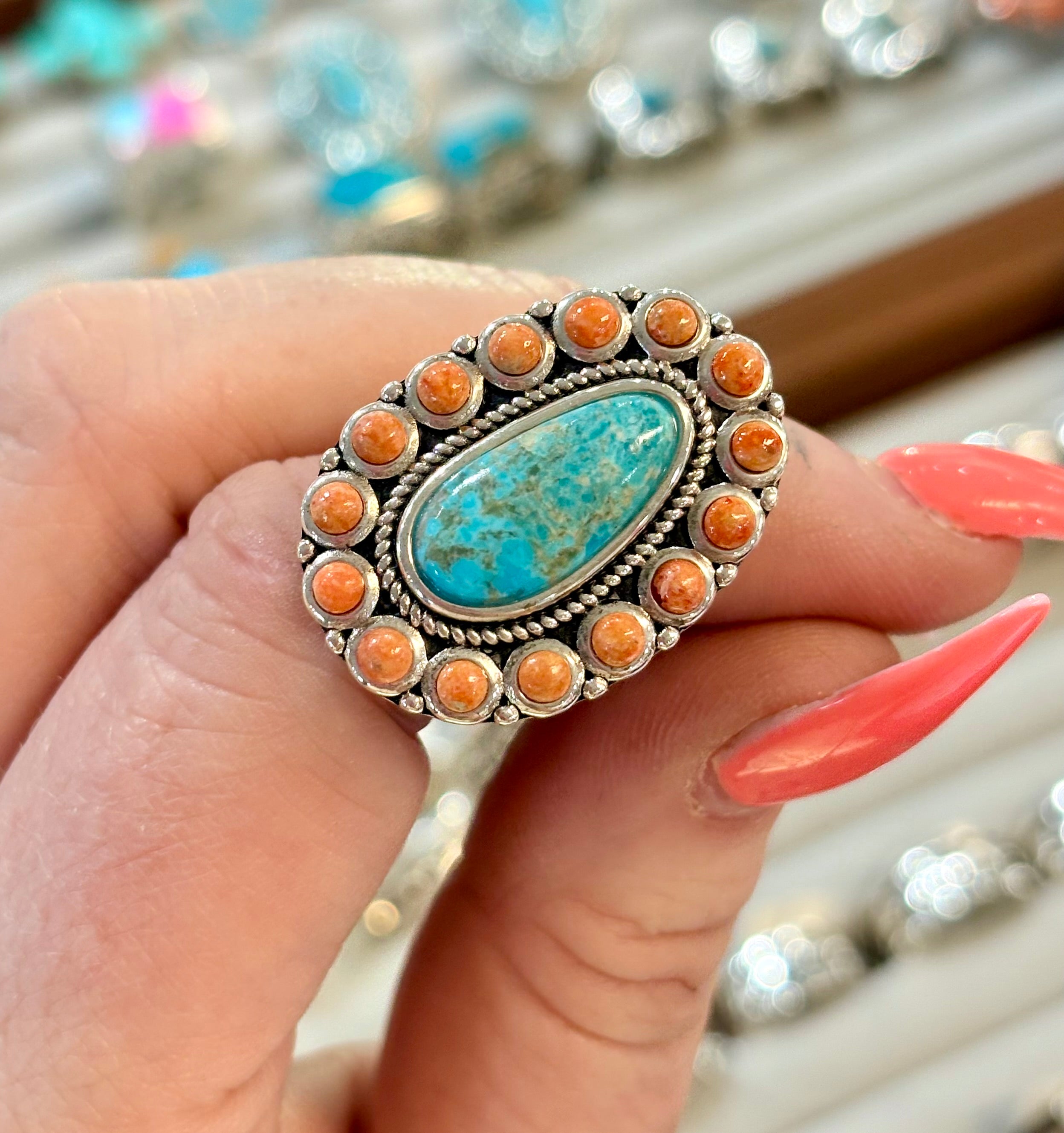 Turquoise & Sponge Coral Santa Fe Statement Ring