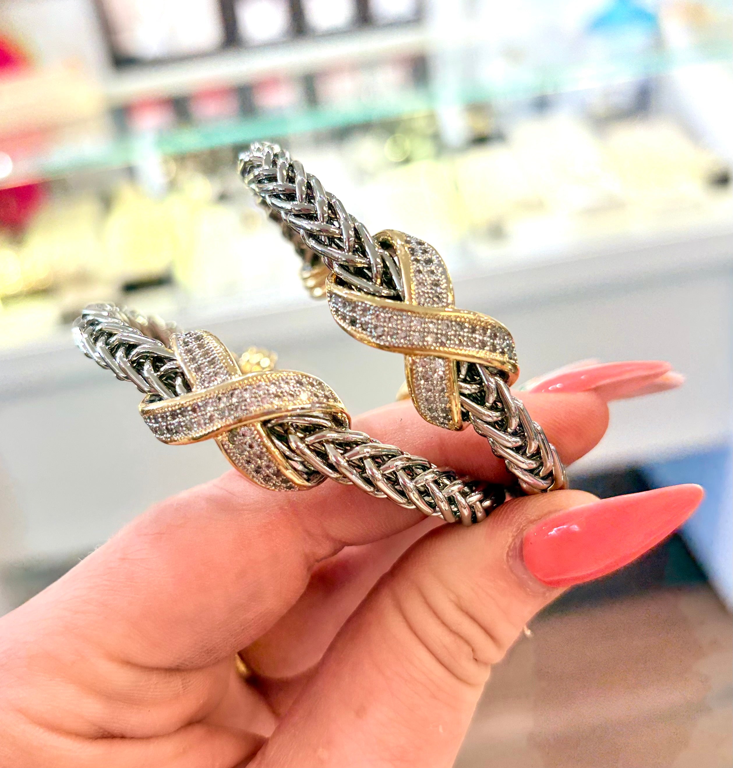 Dual Tone Crossed Crystal Cuff Bracelet