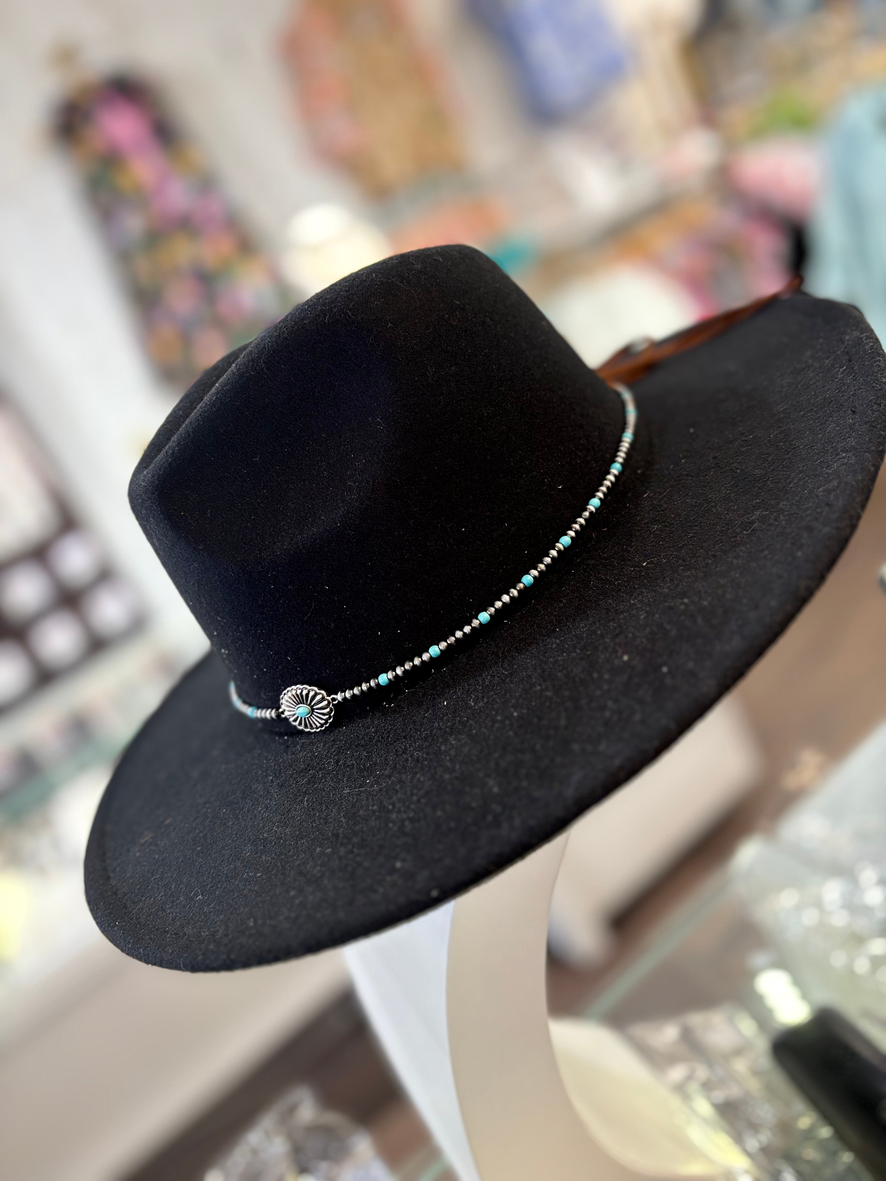 Brown Leather Turquoise Concho Beaded Wrap Hatband