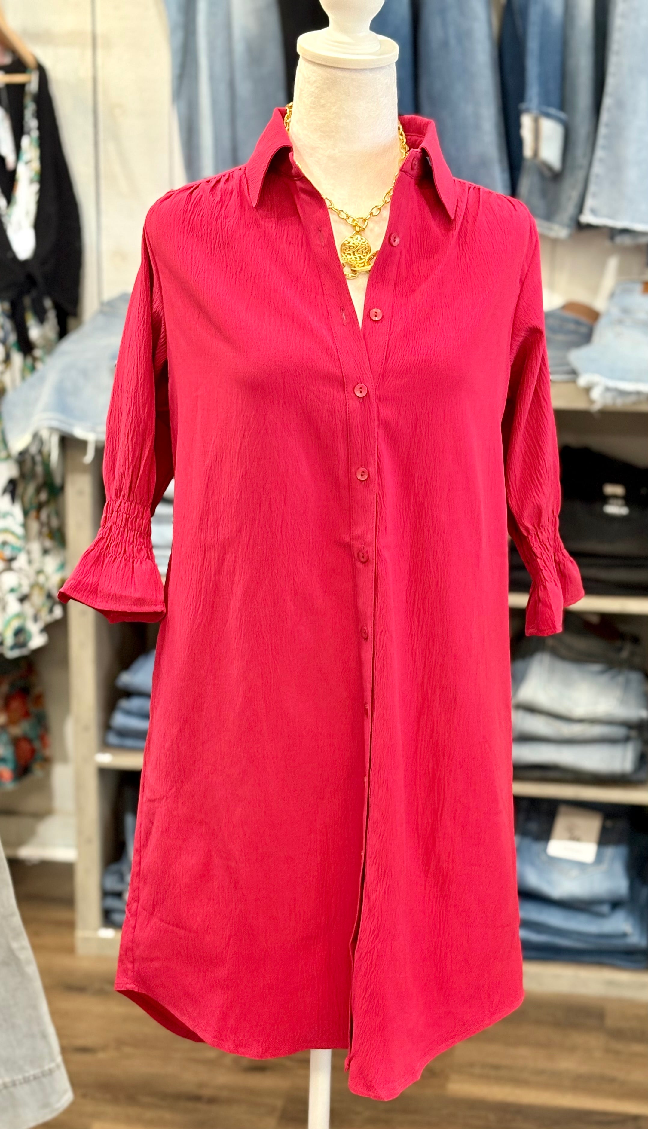 Boho Chic Fuchsia Button Front Shirt Dress