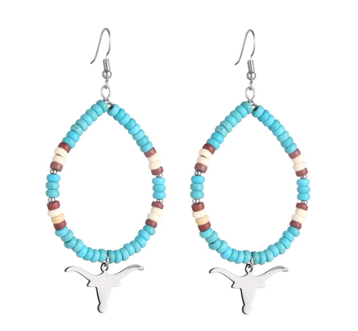 Steer Head Drop Turquoise Stone Wire Teardrop Earrings