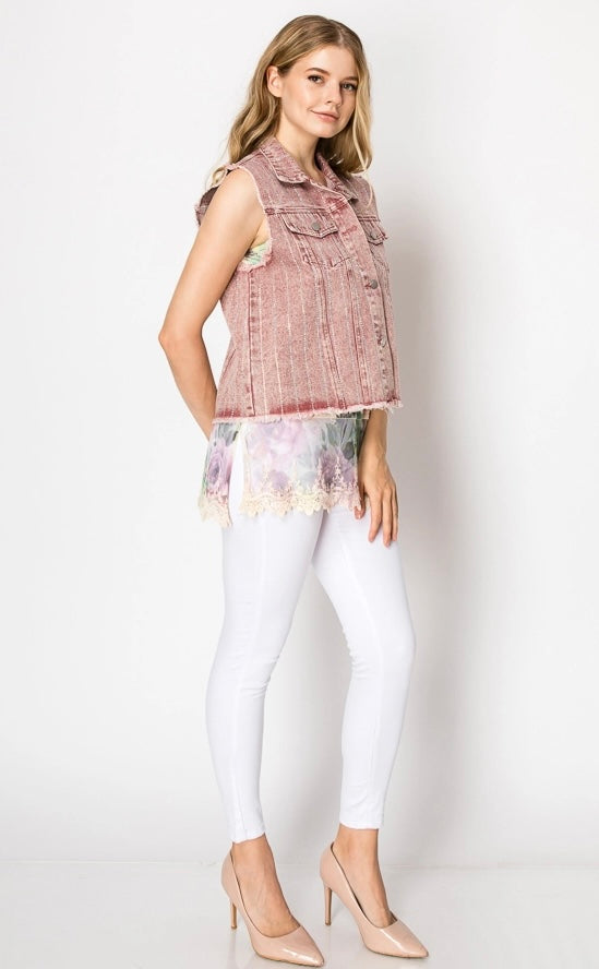 Rhinestone Denim Vest - Raspberry