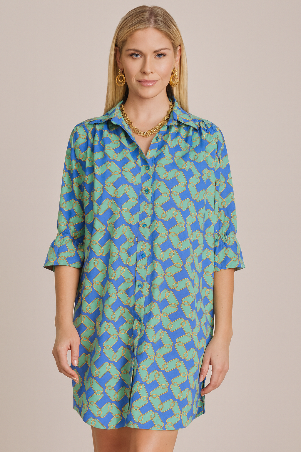 Boho Chic Blue Link Microsuede Button Front Dress