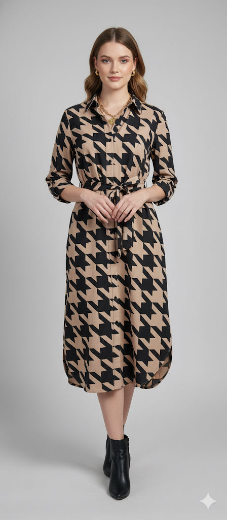 Boho Chic Taupe Houndstooth Button Front Belted Dress