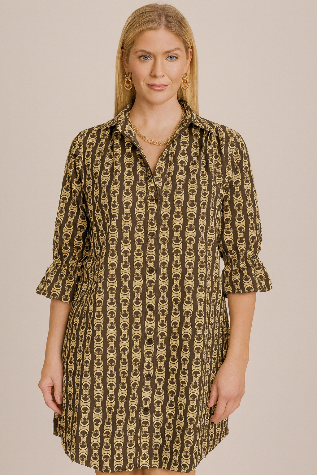 Black & Gold Chin Button Front Dress