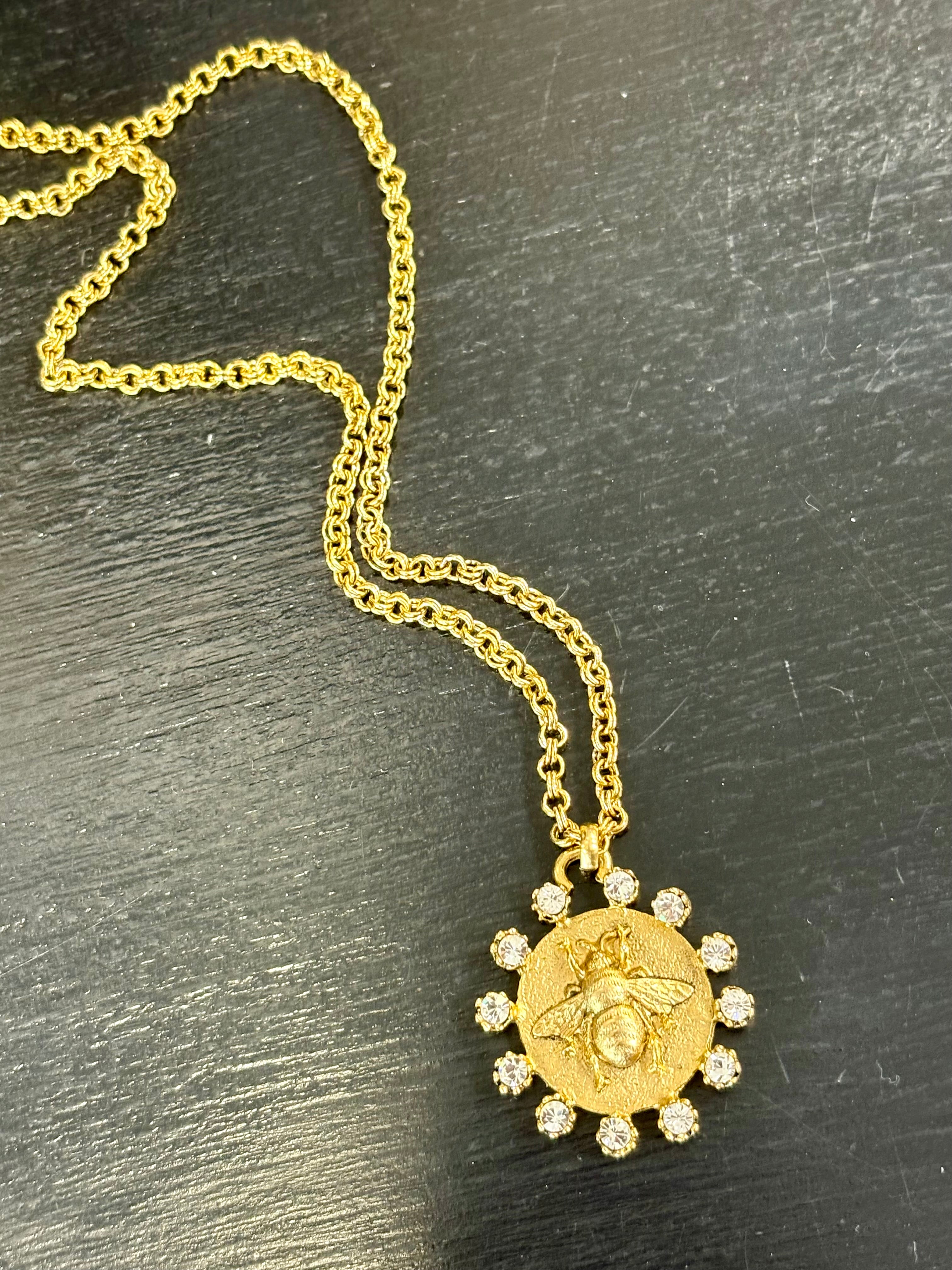 Gold Crystal Bee Coin Necklace