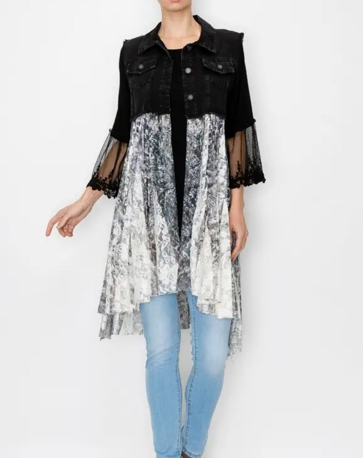 Cropped Denim Vest with Lace
