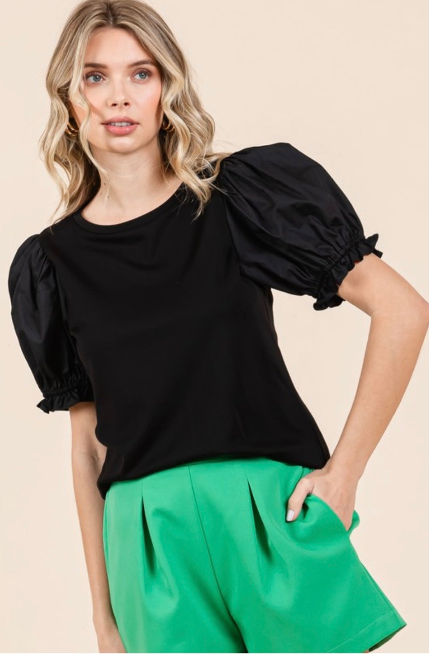 Mix Media Ruffle Puff Sleeve Knit Top