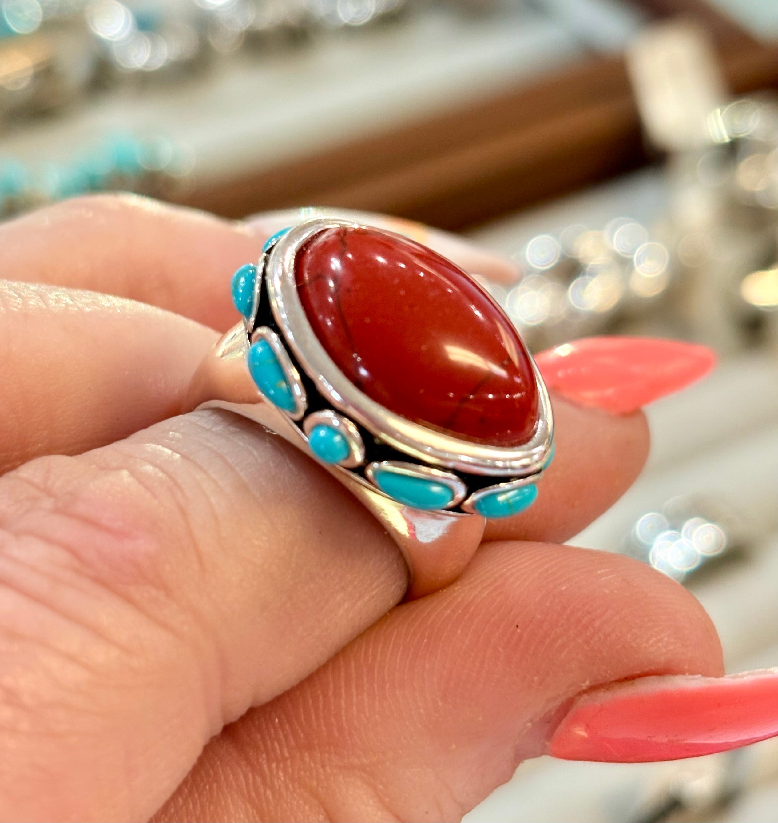 Red Onyx & Turquoise Studded Ring