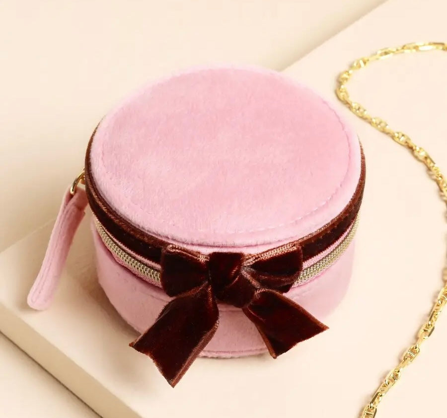 Pink/Burgundy Velvet Bow Mini Round Jewelry Case