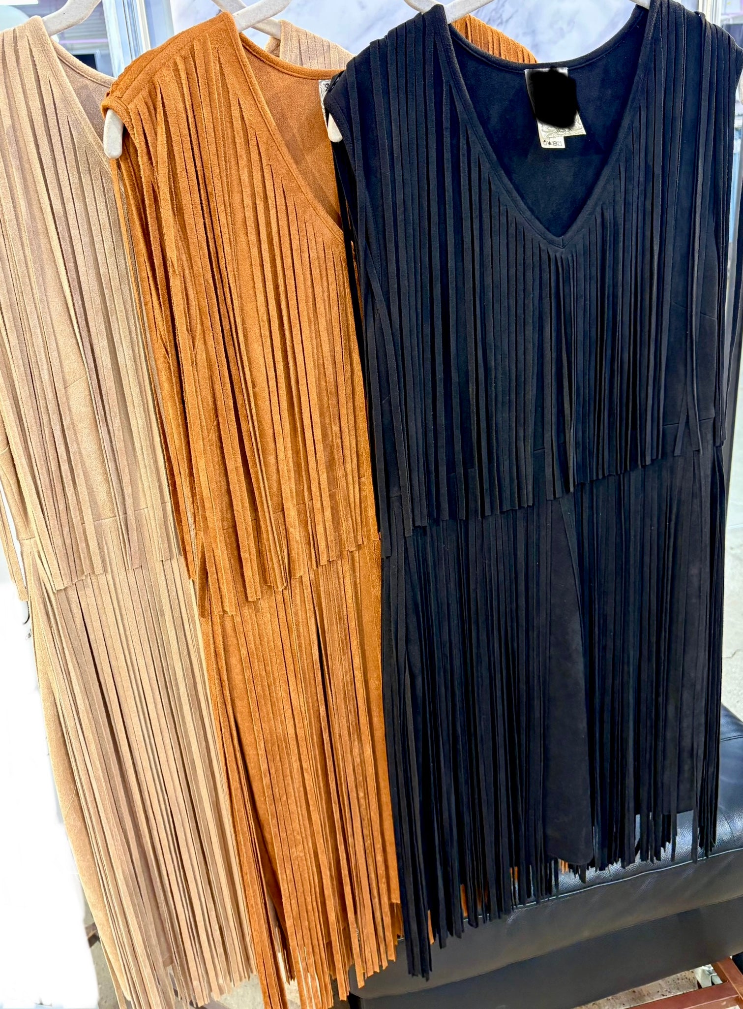 Black Sleeveless Suede Fringe Mini Dress